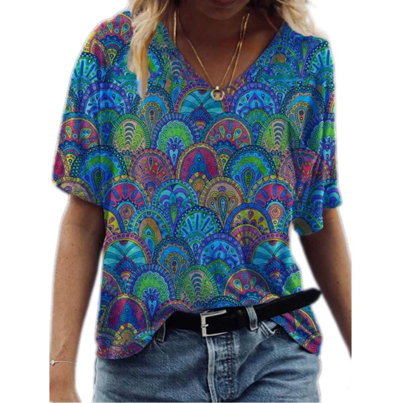 Suvemoodne naiste T-särk Värviline kirjatrükiga topid Naiste V-kaelusega lühikeste varrukatega Suurus S-3XL Lahtine T-särk Naiste topid