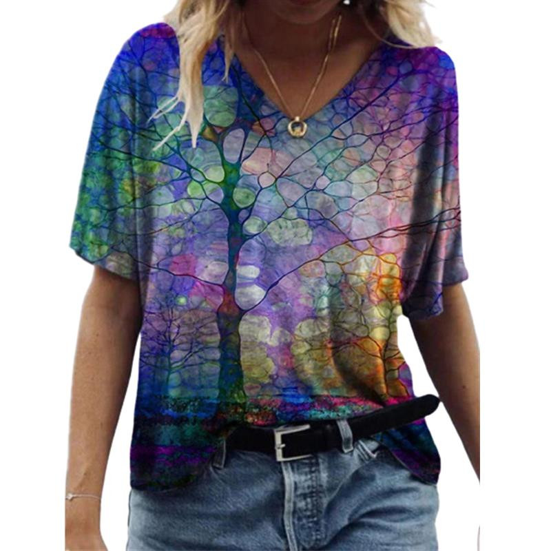 Suvemoodne naiste T-särk Värviline kirjatrükiga topid Naiste V-kaelusega lühikeste varrukatega Suurus S-3XL Lahtine T-särk Naiste topid