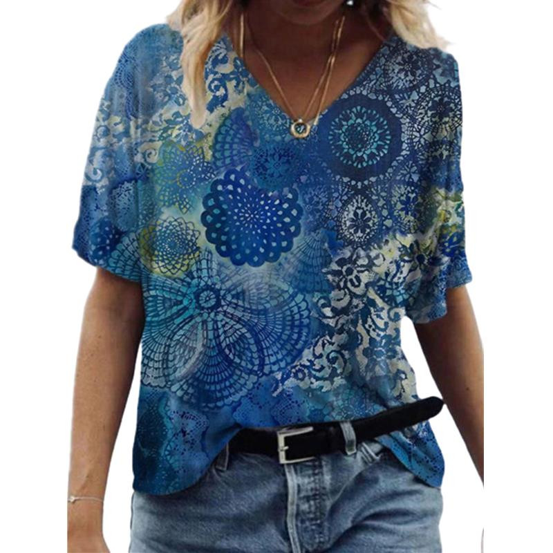 Suvemoodne naiste T-särk Värviline kirjatrükiga topid Naiste V-kaelusega lühikeste varrukatega Suurus S-3XL Lahtine T-särk Naiste topid