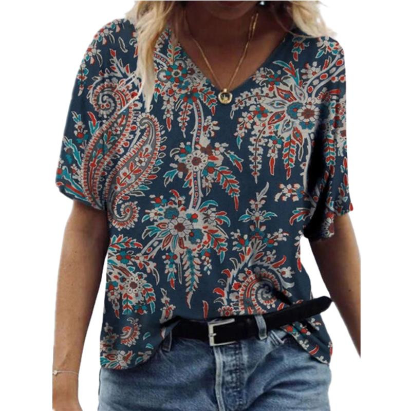 Suvemoodne naiste T-särk Värviline kirjatrükiga topid Naiste V-kaelusega lühikeste varrukatega Suurus S-3XL Lahtine T-särk Naiste topid