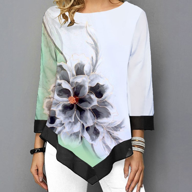 Madingi O kaklo 3D spausdinimas Netaisyklingo apvado laisvi moteriški marškinėliai Pavasaris Vasara Nauji, didelėmis gėlėtomis gėlėmis Moteriški dėvi madingi moteriški drabužiai