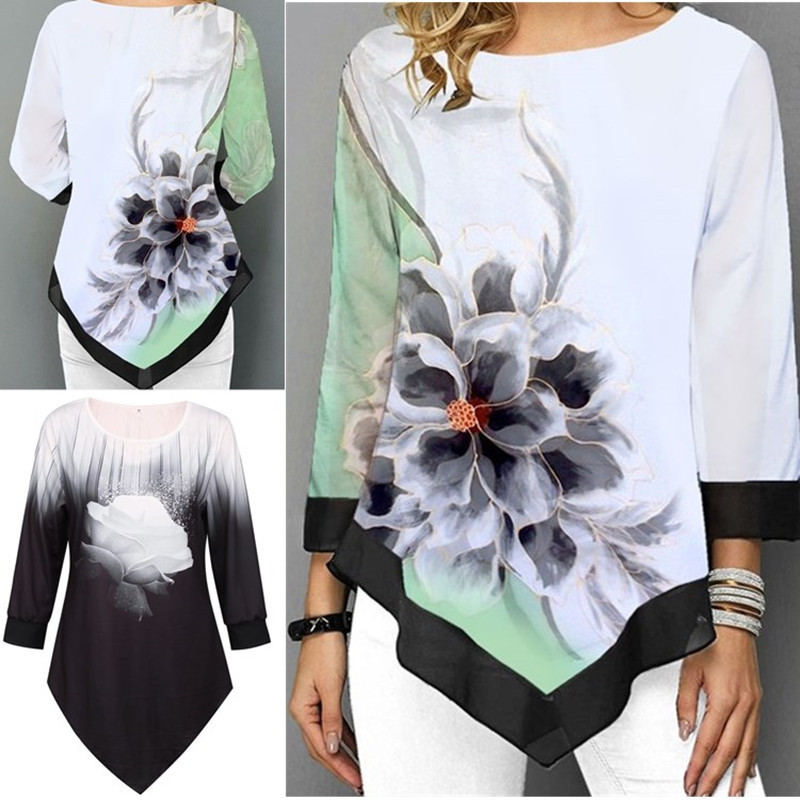 Madingi O kaklo 3D spausdinimas Netaisyklingo apvado laisvi moteriški marškinėliai Pavasaris Vasara Nauji, didelėmis gėlėtomis gėlėmis Moteriški dėvi madingi moteriški drabužiai