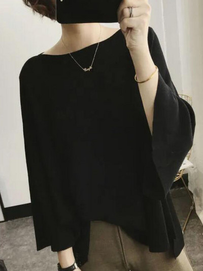 Tricou cu mânecă evazată de culoare solidă, coreeană de vară, cu gât rotund, îmbrăcăminte supradimensionată pentru femei, ocazional, de bază, pulovere