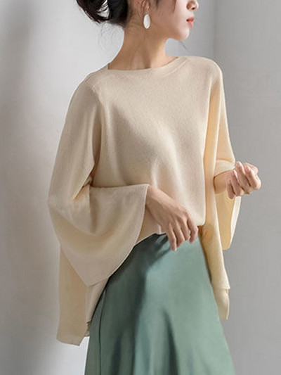 Tricou cu mânecă evazată de culoare solidă, coreeană de vară, cu gât rotund, îmbrăcăminte supradimensionată pentru femei, ocazional, de bază, pulovere