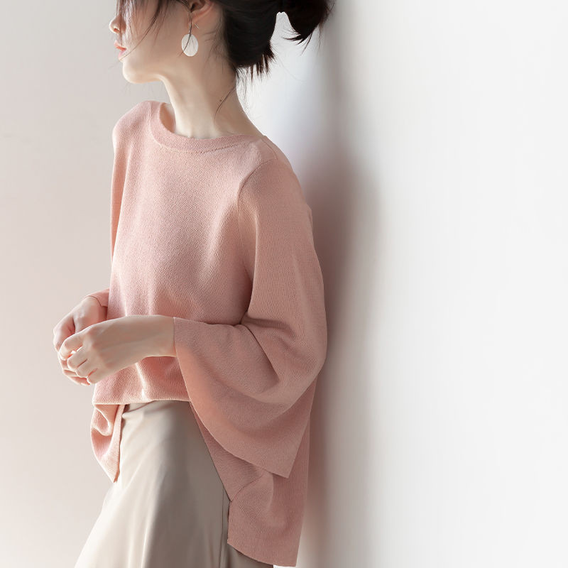 Tricou cu mânecă evazată de culoare solidă, coreeană de vară, cu gât rotund, îmbrăcăminte supradimensionată pentru femei, ocazional, de bază, pulovere