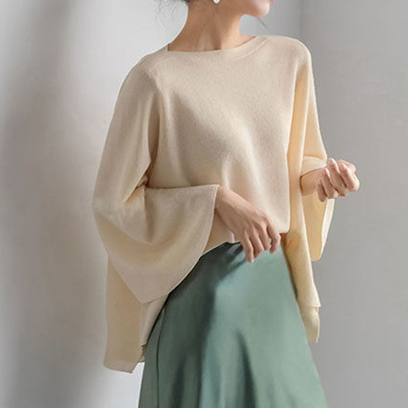 Tricou cu mânecă evazată de culoare solidă, coreeană de vară, cu gât rotund, îmbrăcăminte supradimensionată pentru femei, ocazional, de bază, pulovere