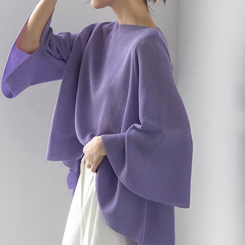 Tricou cu mânecă evazată de culoare solidă, coreeană de vară, cu gât rotund, îmbrăcăminte supradimensionată pentru femei, ocazional, de bază, pulovere