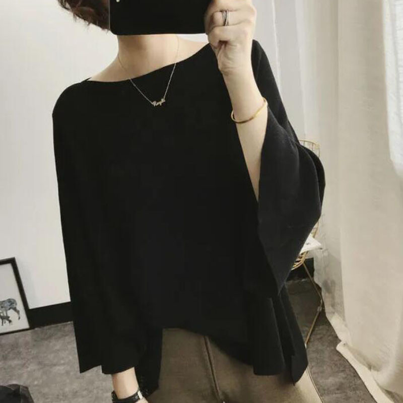 Tricou cu mânecă evazată de culoare solidă, coreeană de vară, cu gât rotund, îmbrăcăminte supradimensionată pentru femei, ocazional, de bază, pulovere