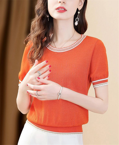 Nyári klasszikus kötött Crop felsők Elegáns, rövid ujjú női vékony, elegáns O-nyakú pólók koreai túlméretezett laza elegáns kötöttáru póló