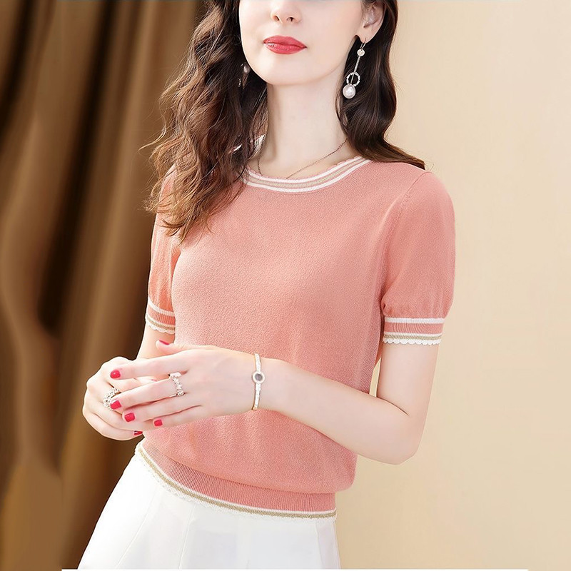 Nyári klasszikus kötött Crop felsők Elegáns, rövid ujjú női vékony, elegáns O-nyakú pólók koreai túlméretezett laza elegáns kötöttáru póló