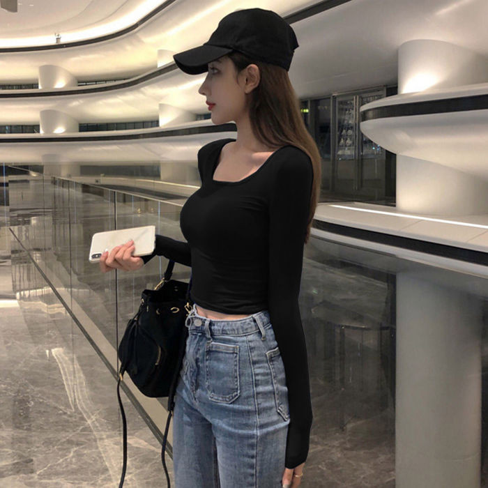 Női pólók felső női szűk, alacsony nyakú szexi rövid vékony, hosszú ujjú póló Crop Top Mujer Camisetas