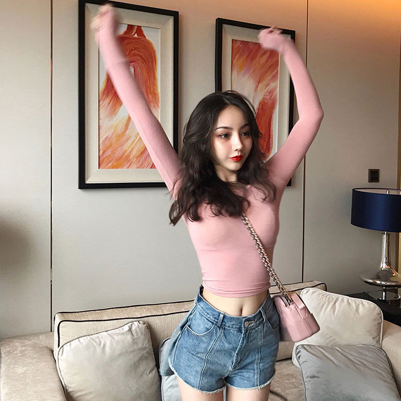 Női pólók felső női szűk, alacsony nyakú szexi rövid vékony, hosszú ujjú póló Crop Top Mujer Camisetas