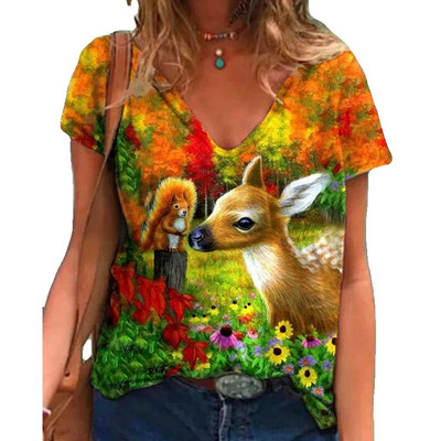 Desene animate Animale Amuzante Tricou Femei 2021 Moda Vară Pulover Casual Topuri Decolteu în V cu mâneci scurte Tricou imprimat Fete