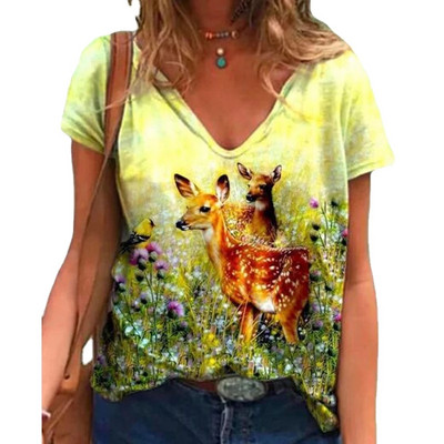 Rajzfilmek Állatok Vicces női póló 2021 Nyári divat Alkalmi pulóver felsők Alap V-nyakú rövid ujjú pólók nyomtatott lányoknak póló