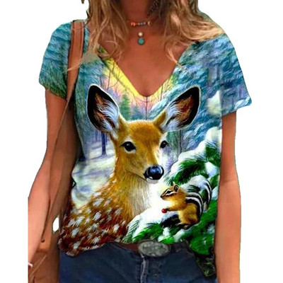 Rajzfilmek Állatok Vicces női póló 2021 Nyári divat Alkalmi pulóver felsők Alap V-nyakú rövid ujjú pólók nyomtatott lányoknak póló