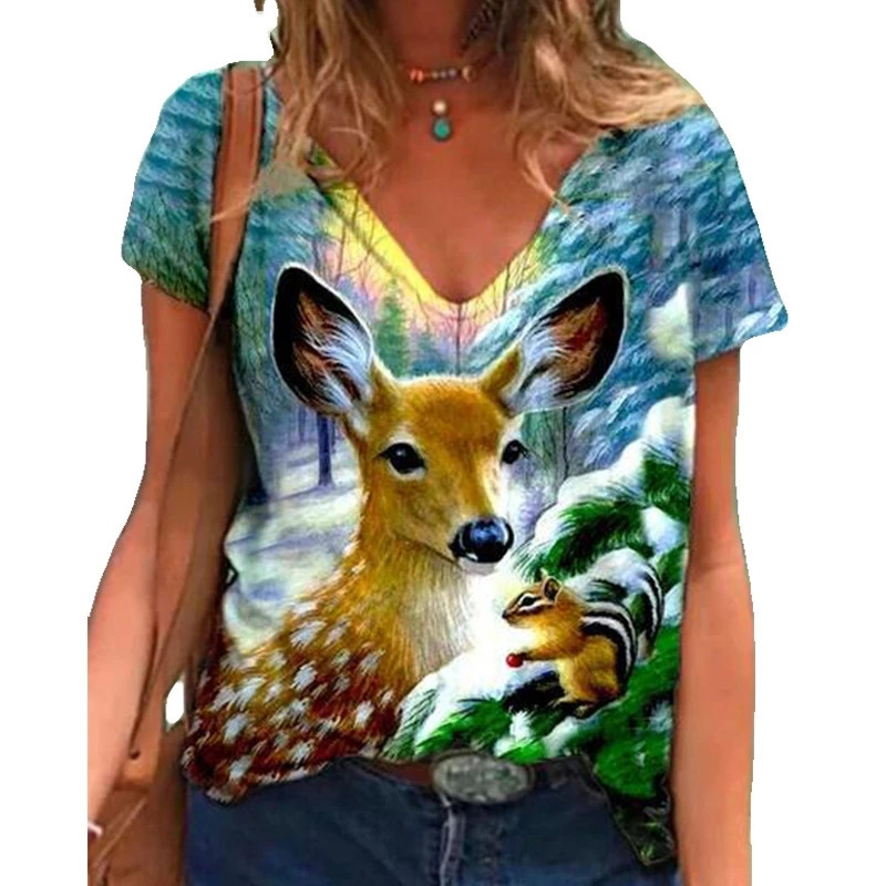 Rajzfilmek Állatok Vicces női póló 2021 Nyári divat Alkalmi pulóver felsők Alap V-nyakú rövid ujjú pólók nyomtatott lányoknak póló