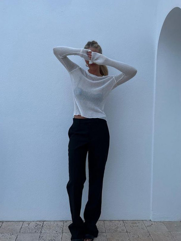 Highdays Moteriški viršutiniai drabužiai Madingi Balta Elegantiška Dryžuota Permatoma Apranga Ilgomis rankovėmis marškinėliai Marškinėliai Liekni klubo drabužiai vakarėliui