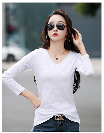 TuangBiang rudens moteriškas asimetrinis apvadas bambuko medvilniniai marškinėliai bordo spalvos laisvi marškinėliai Korėjos sukryžiuoti 2021 m. ilgomis rankovėmis žiemos viršūnės