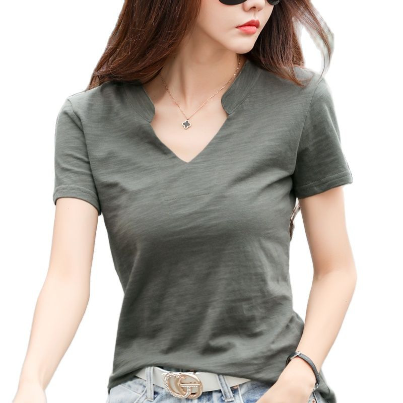 Tricouri cu mânecă scurtă din bumbac bambus pentru femei cu decolteu în V 2022, lejer, casual, de marcă, tricou pentru femei, vară, primăvară, topuri perfecte