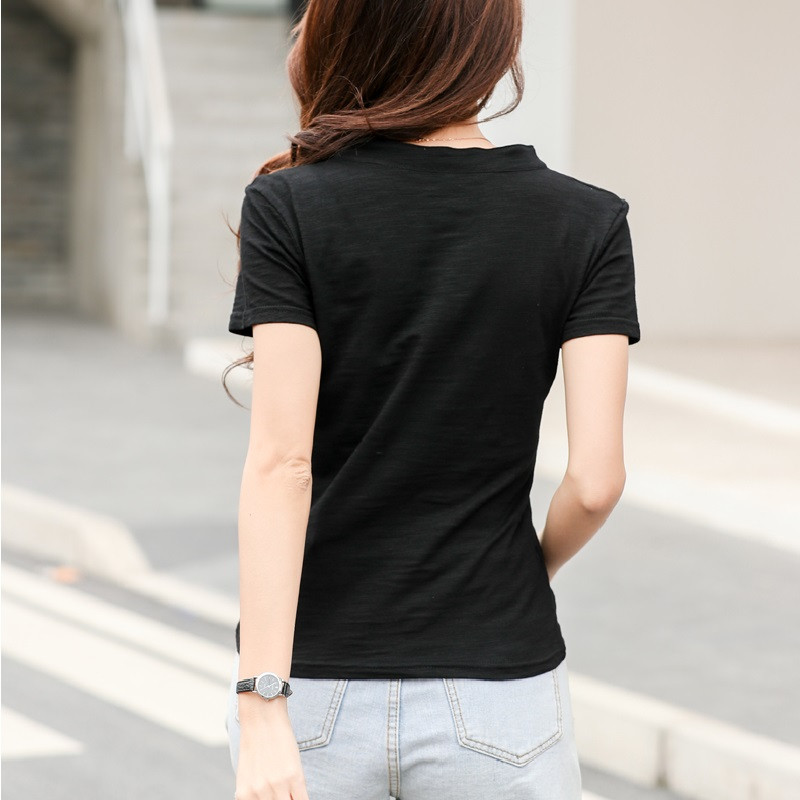 Tricouri cu mânecă scurtă din bumbac bambus pentru femei cu decolteu în V 2022, lejer, casual, de marcă, tricou pentru femei, vară, primăvară, topuri perfecte