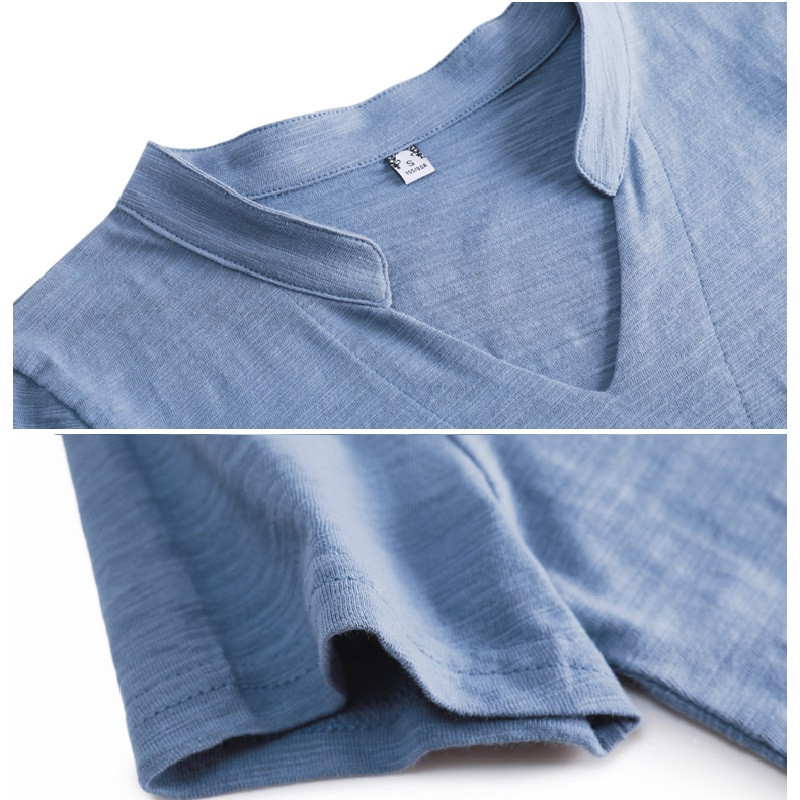 Tricouri cu mânecă scurtă din bumbac bambus pentru femei cu decolteu în V 2022, lejer, casual, de marcă, tricou pentru femei, vară, primăvară, topuri perfecte