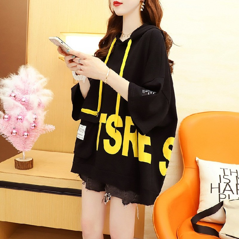 Rövid ujjú póló női nyári kapucnis középhosszú felsők nagy méretű bő póló női