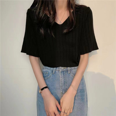 Tricou cu mâneci scurte din bumbac, de culoare uni, cu decolteu în V, la modă de vară, 2022 Nou Top cu fundul liber, subțire și confortabil