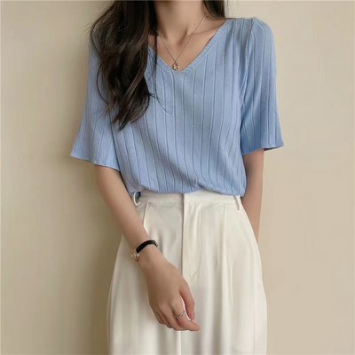 Tricou cu mâneci scurte din bumbac, de culoare uni, cu decolteu în V, la modă de vară, 2022 Nou Top cu fundul liber, subțire și confortabil