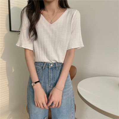 Tricou cu mâneci scurte din bumbac, de culoare uni, cu decolteu în V, la modă de vară, 2022 Nou Top cu fundul liber, subțire și confortabil