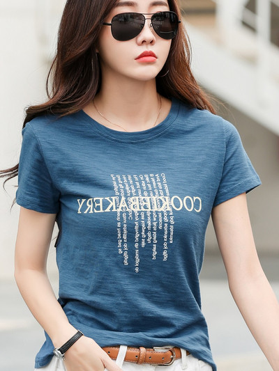 Tricouri cu mânecă scurtă de vară, din bumbac, bambus, 2022, cu imprimare cu litere, cu gâtul O, tricouri lejere, casual, pentru femei, albastru, violet, confortabile