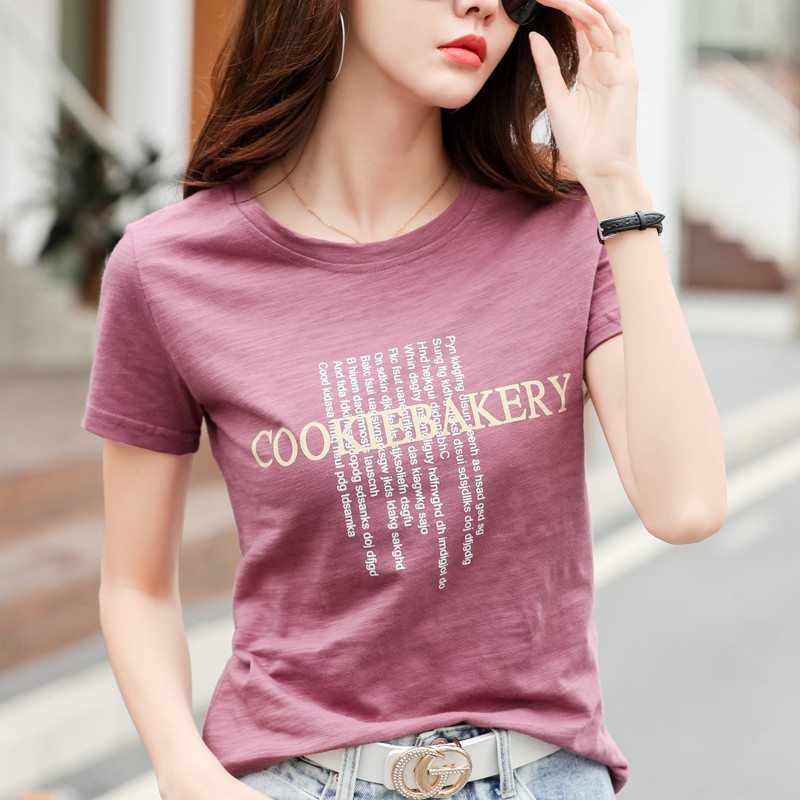 Trumpomis rankovėmis vasariniai moteriški bambuko medvilniniai marškinėliai 2022 m. raidėmis marginti laisvi laisvalaikio marškinėliai Moteriški mėlyni violetiniai jaukūs viršutiniai marškinėliai