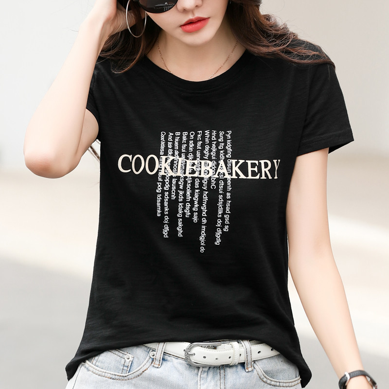 Trumpomis rankovėmis vasariniai moteriški bambuko medvilniniai marškinėliai 2022 m. raidėmis marginti laisvi laisvalaikio marškinėliai Moteriški mėlyni violetiniai jaukūs viršutiniai marškinėliai