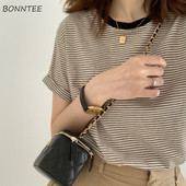 Női póló Csíkos puha O-nyakú Nyári Új Érkezés Bő, minden meccsre alkalmas felsők Rövid ujjú női utcai viselet Alkalmi divat Bf Ins