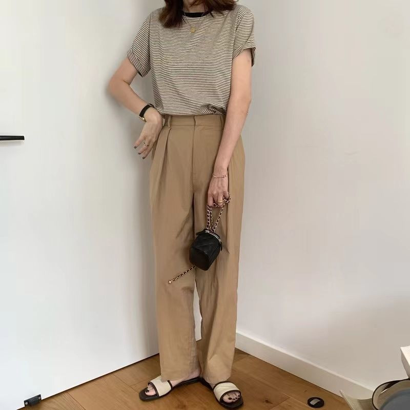 Női póló Csíkos puha O-nyakú Nyári Új Érkezés Bő, minden meccsre alkalmas felsők Rövid ujjú női utcai viselet Alkalmi divat Bf Ins