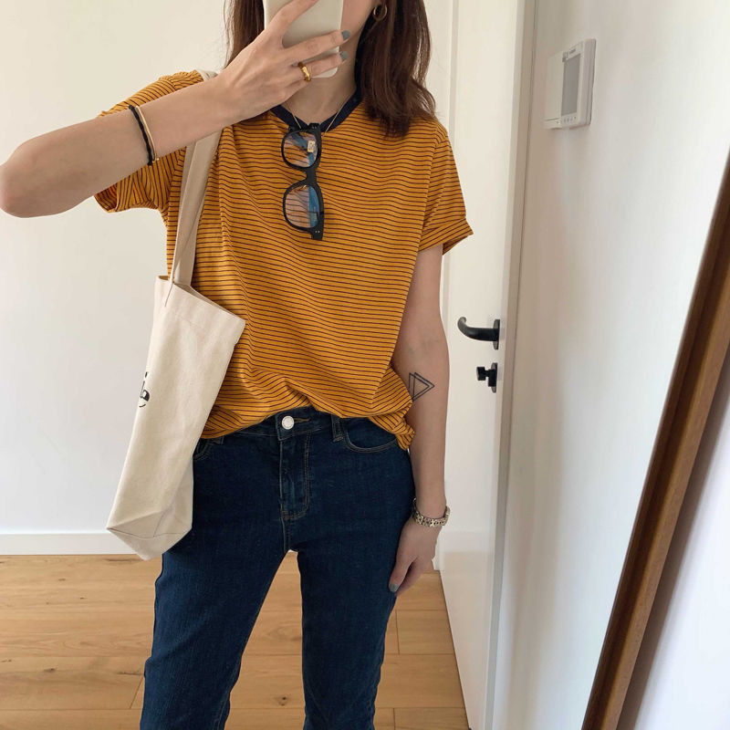 Női póló Csíkos puha O-nyakú Nyári Új Érkezés Bő, minden meccsre alkalmas felsők Rövid ujjú női utcai viselet Alkalmi divat Bf Ins