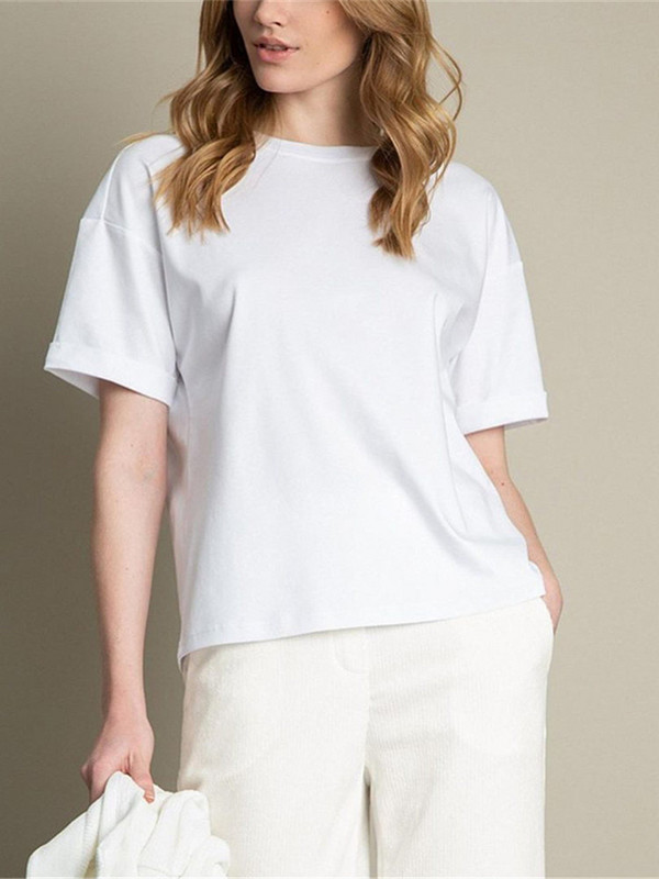 Női 100% pamut tömör Basic póló nyári alkalmi laza póló női póló, nagyméretű, nyakú női felsők