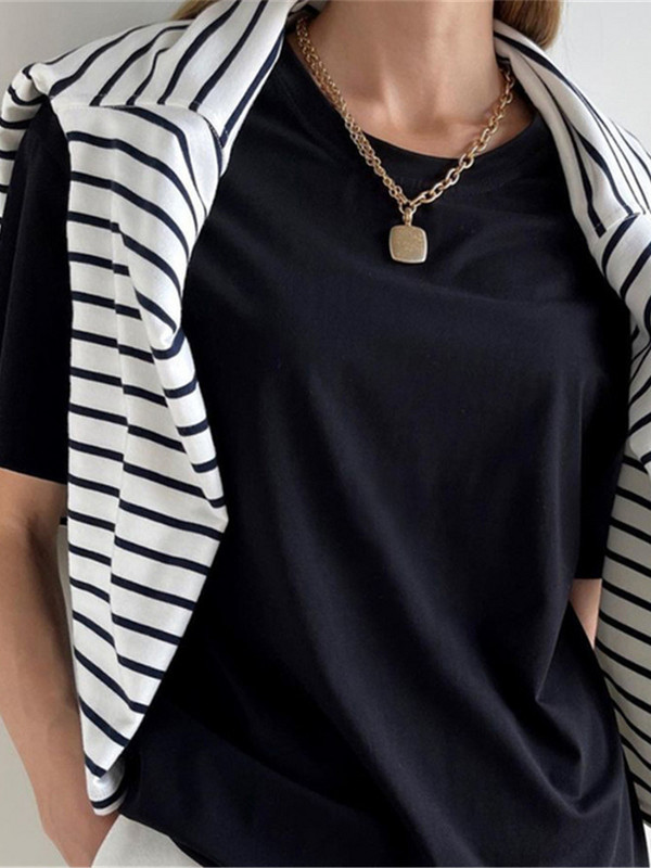 Női 100% pamut tömör Basic póló nyári alkalmi laza póló női póló, nagyméretű, nyakú női felsők