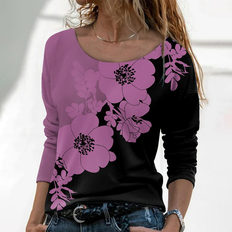 2022 Tricou damă Tricou Floral Casual Vacanță Weekend Pictură florală Tricou Tricou cu mânecă lungă Imprimare Gât rotund Imprimare 3D de bază