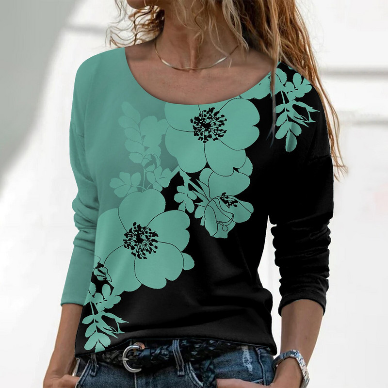 2022 Tricou damă Tricou Floral Casual Vacanță Weekend Pictură florală Tricou Tricou cu mânecă lungă Imprimare Gât rotund Imprimare 3D de bază