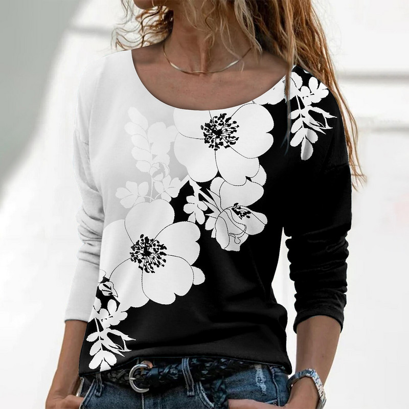 2022 Tricou damă Tricou Floral Casual Vacanță Weekend Pictură florală Tricou Tricou cu mânecă lungă Imprimare Gât rotund Imprimare 3D de bază