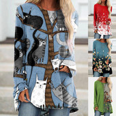 Új divatos női elegáns bő pulóver hosszú ujjú felsők női O-nyakú póló tavaszi mintás pólók