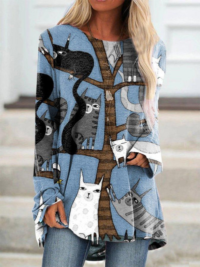 Új divatos női elegáns bő pulóver hosszú ujjú felsők női O-nyakú póló tavaszi mintás pólók