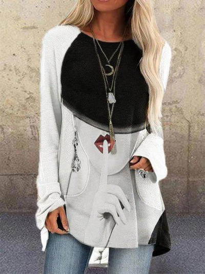 Új divatos női elegáns bő pulóver hosszú ujjú felsők női O-nyakú póló tavaszi mintás pólók