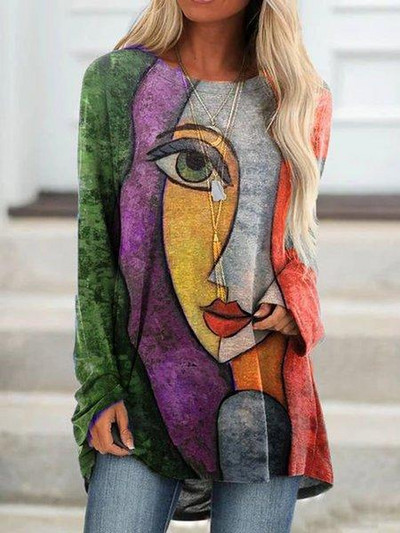 Új divatos női elegáns bő pulóver hosszú ujjú felsők női O-nyakú póló tavaszi mintás pólók