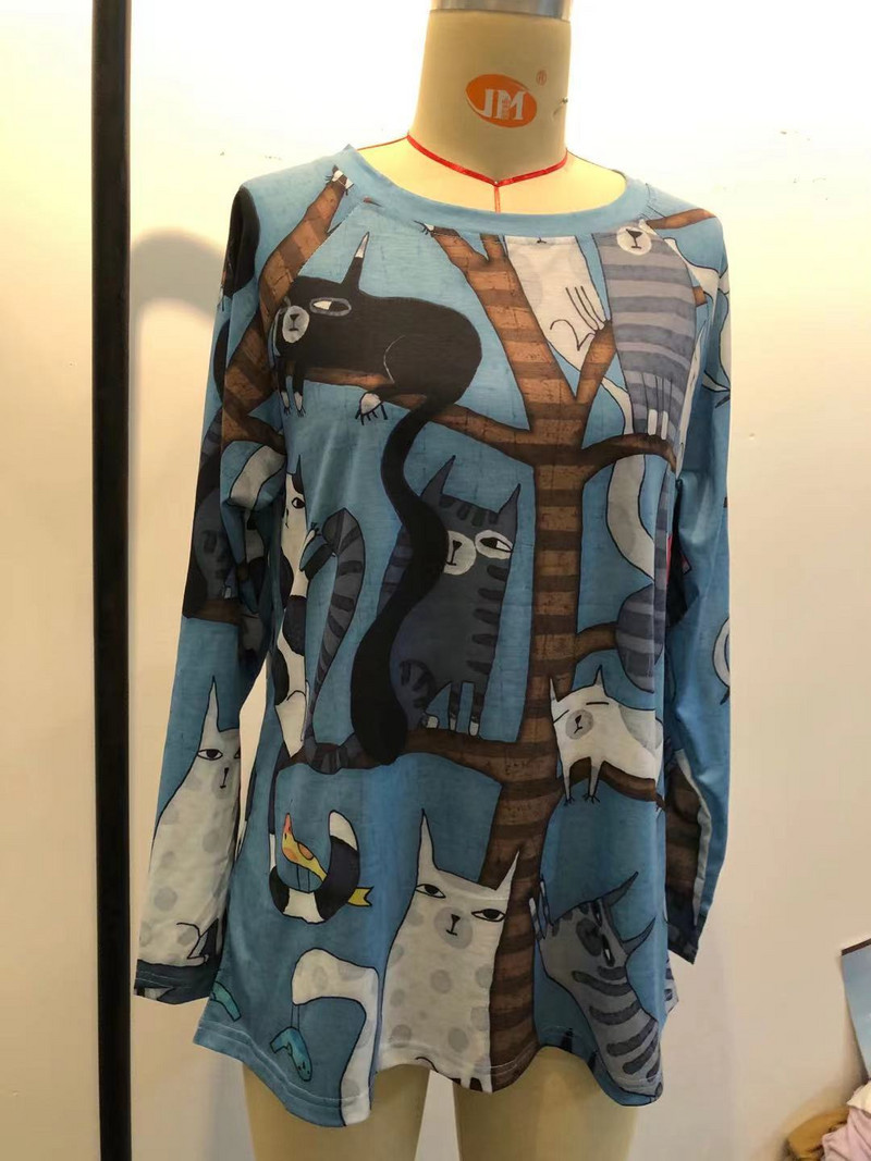 Új divatos női elegáns bő pulóver hosszú ujjú felsők női O-nyakú póló tavaszi mintás pólók