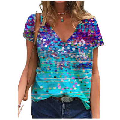 Nauji 2021 m. vasaros dideli marškinėliai moteriški V formos iškirptė 3D gradiento viršutiniai 5XL dideli dydžiai moteriški laisvalaikio trumpomis rankovėmis madingi marškinėliai