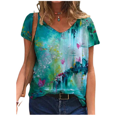 Nauji 2021 m. vasaros dideli marškinėliai moteriški V formos iškirptė 3D gradiento viršutiniai 5XL dideli dydžiai moteriški laisvalaikio trumpomis rankovėmis madingi marškinėliai