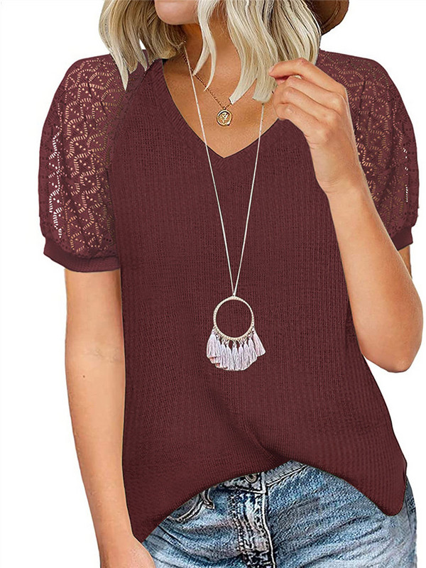 Marškinėliai, moteriški vasaros nauji laisvalaikio laisvi trumpomis rankovėmis, minkšti, madingi V formos iškirptės viršeliai