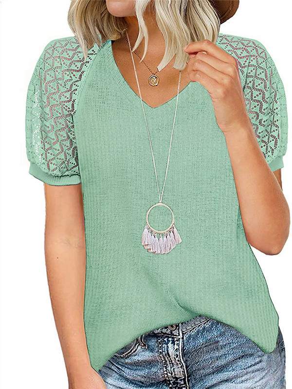 Marškinėliai, moteriški vasaros nauji laisvalaikio laisvi trumpomis rankovėmis, minkšti, madingi V formos iškirptės viršeliai
