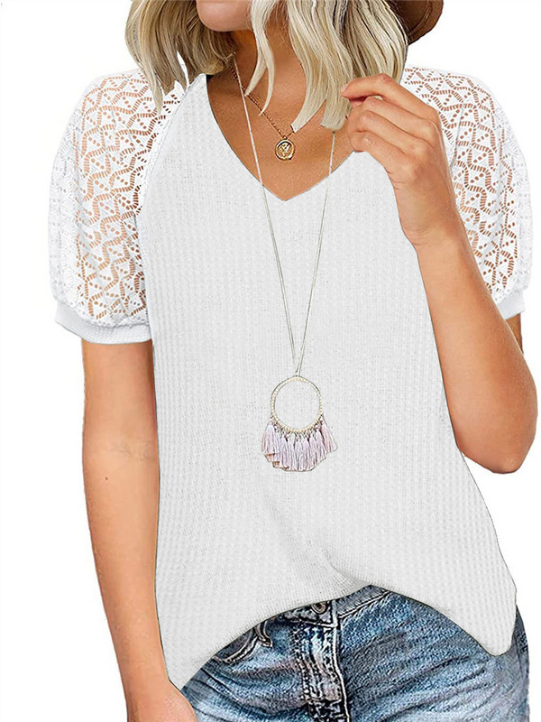 Marškinėliai, moteriški vasaros nauji laisvalaikio laisvi trumpomis rankovėmis, minkšti, madingi V formos iškirptės viršeliai